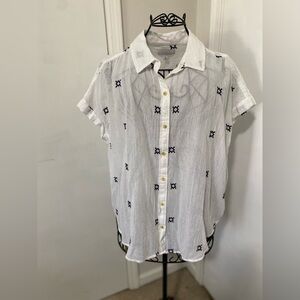 New Directions Women XL White Cotton Blouse Button Front Boxy Cap Sleeve